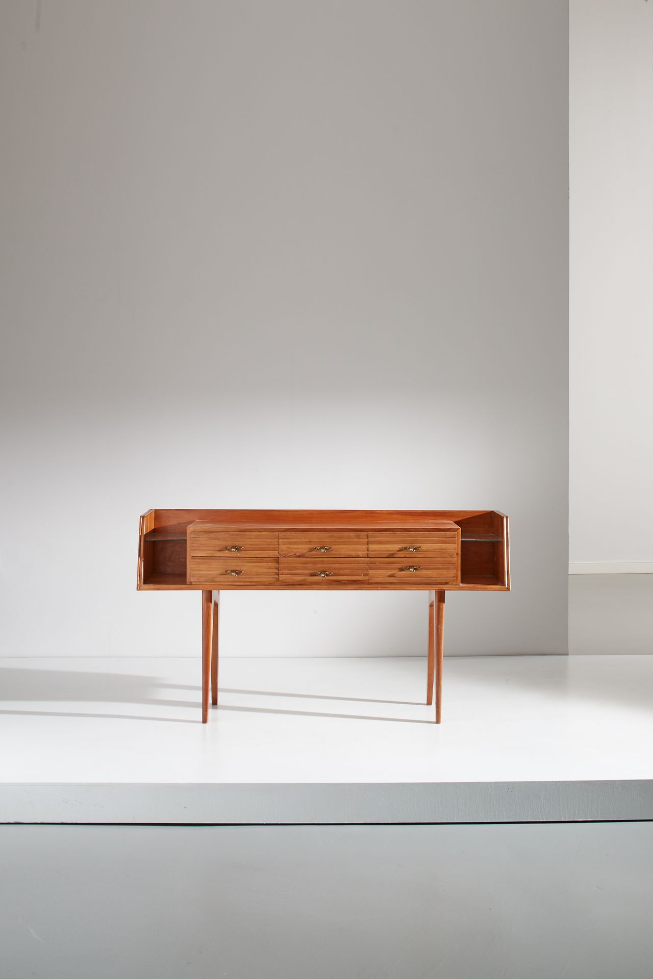 PIERLUIGI GIORDANI (ATTRIB. A) Console table. Cherry wood, brass, ground glass. &hellip;