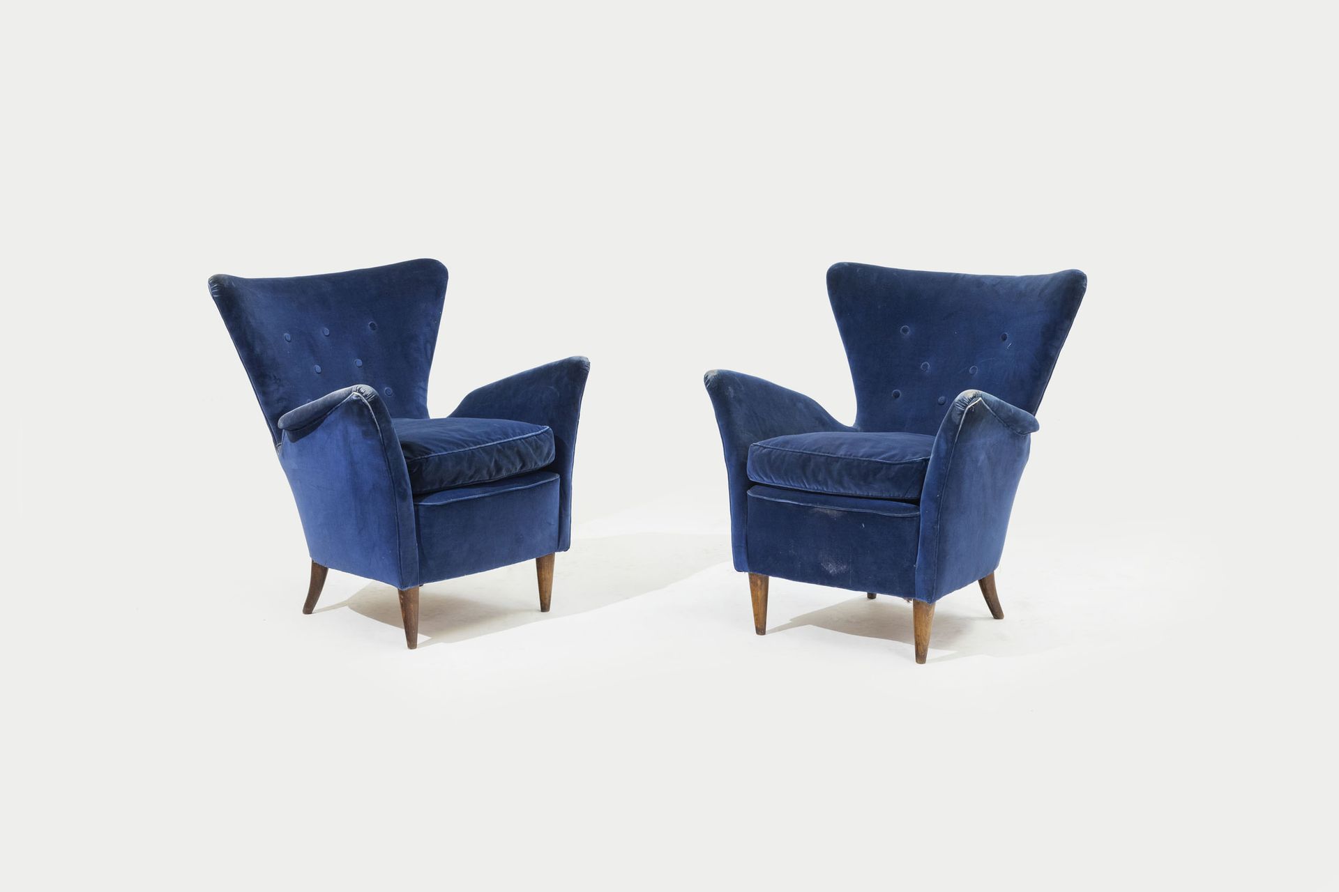 ICO PARISI (NEL GUSTO DI) Two armchairs. Turned wood, upholstered fabric. Italy &hellip;