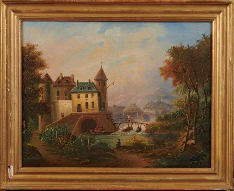 Null ECOLE ALLEMANDE du XIXe siècle 
Paysage au pont animé de personnages
Huile &hellip;