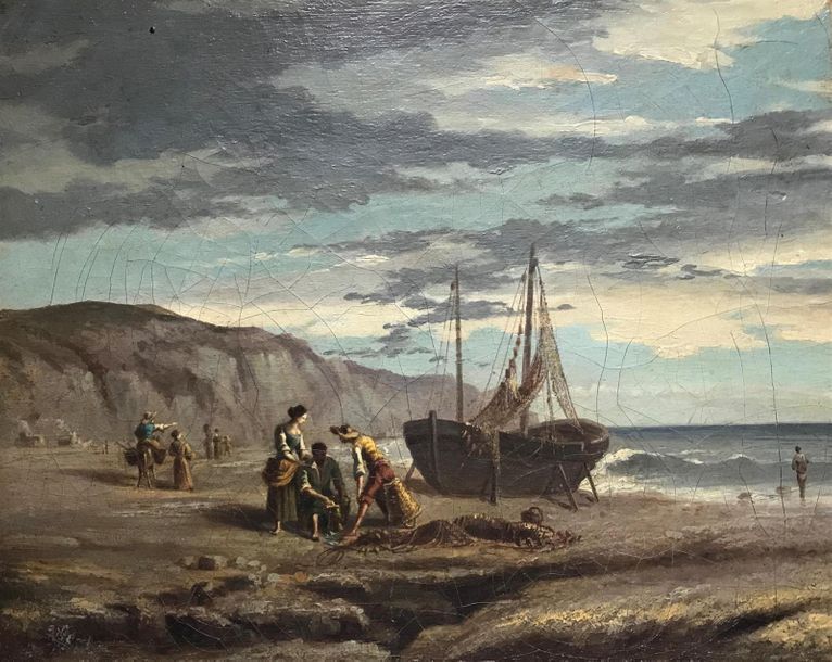 Null ECOLE FRANCAISE du XIXe siècle 
Retour de pêche 
Huile sur toile (craquelur&hellip;