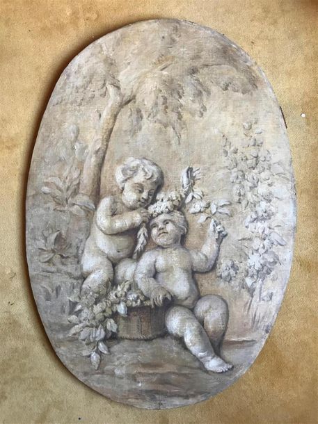 Null MEDAILLON ovale peint en grisaille sur bois présentant scène bucolique avec&hellip;