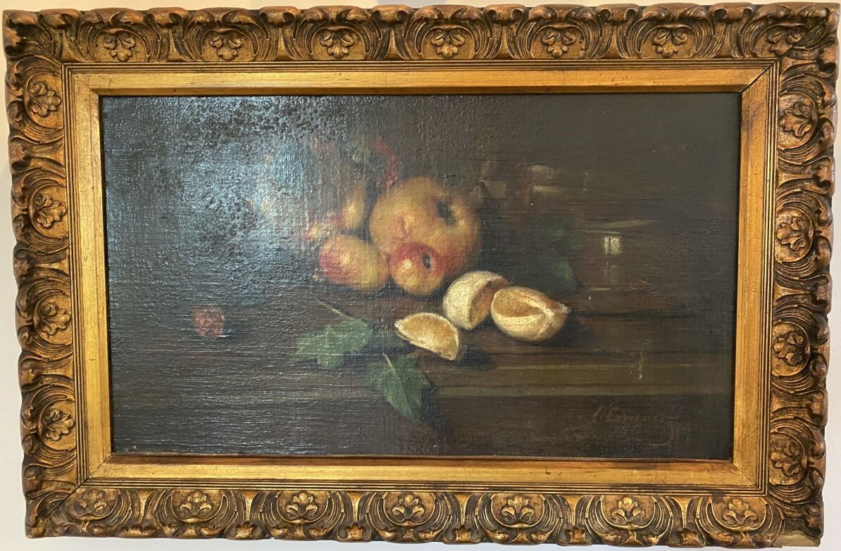 Null 19世纪的学校

苹果的静物生活

木板油画，右下角有签名

31,5 x 54 cm

(修复)