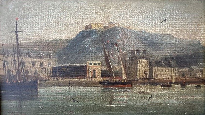 Null 爱弥尔-泰松（19世纪

港口的景象

板上油彩

10,5 x 18,5 cm

(缺漆)