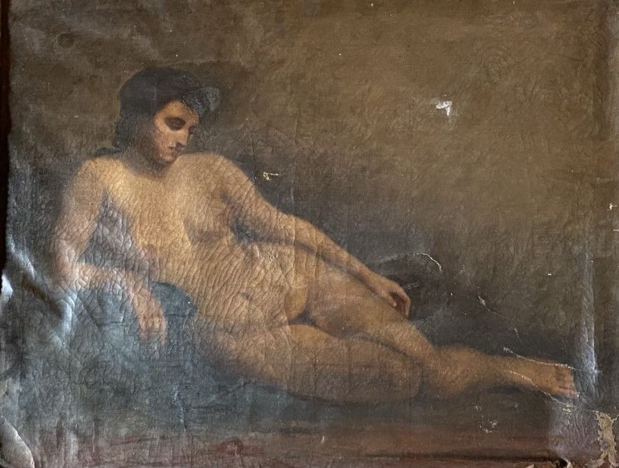 Null 19世纪末的法国学校

年轻的裸体女人躺着

布面油画

65 x 82 cm

(皱巴巴的画布，缺失的颜料，凹陷，撕裂）。)



附有两所现代学校&hellip;