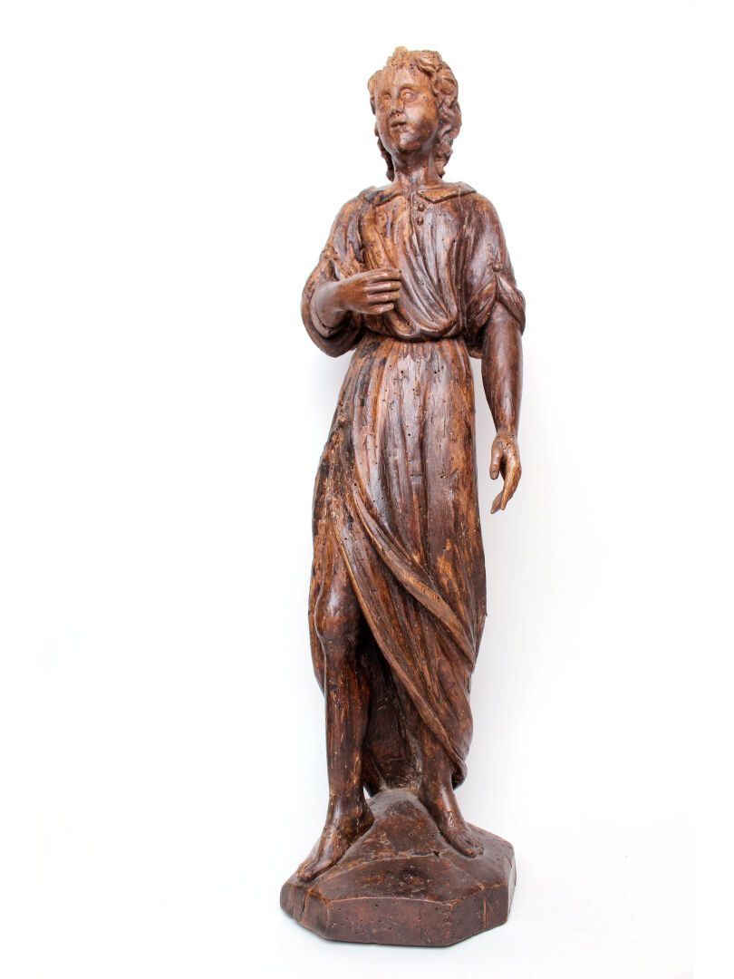 Null 17世纪的意大利学校

圆雕的木质主题，有一个站立的天使。

高59厘米

(事故和漏洞，缺失的翅膀)