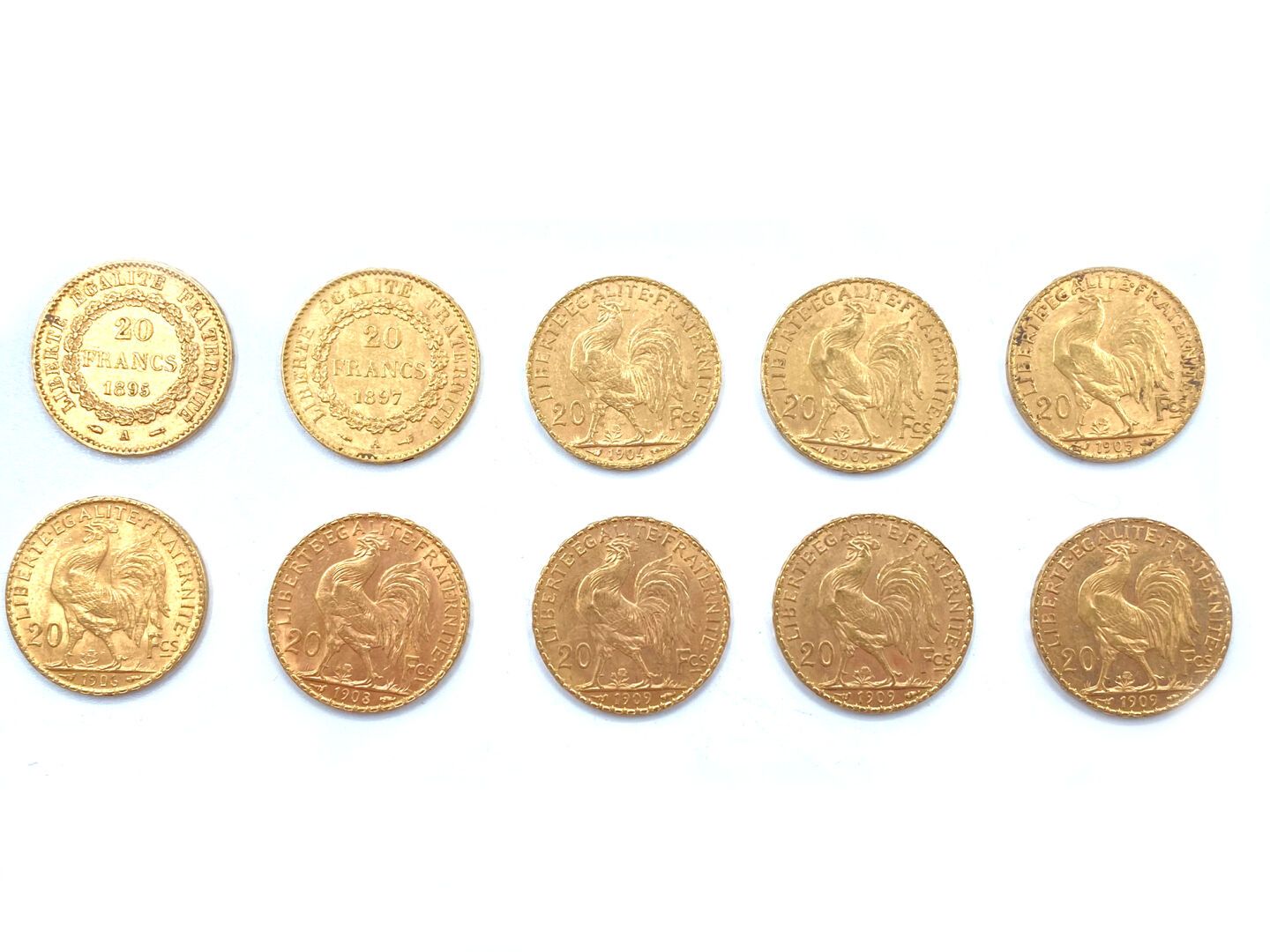 Null FRANCE

Ten coins of twenty gold francs 1895 (1), 1897 (1), 1904 (1), 1905 &hellip;