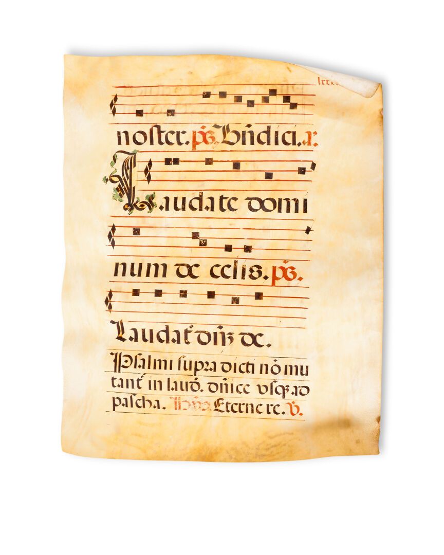 Null 肛肠科 
16/17世纪西班牙唱诗集的页面。用三种颜色书写（第1页：黑色和红色墨水，第2页：黑色和绿色）。2页，平面图（56.5 x 72 cm）。