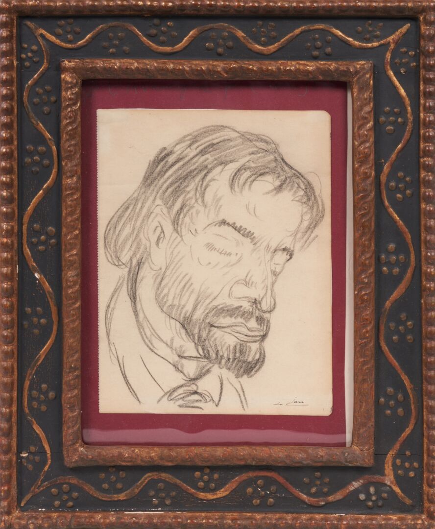 Null Louis JOU.盲人》。用黑色油性铅笔画的原画，用墨水签名。16,4 x 21,5厘米。
雕刻和绘画的木质框架，在玻璃下。