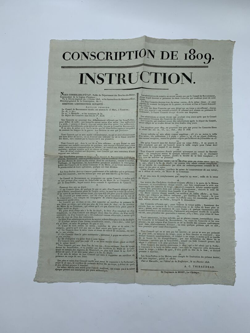 Null 征兵--布什-杜-罗纳
1809年罗讷河口省征兵的指示牌，1808年2月20日在马赛印刷。 37 x 48厘米。