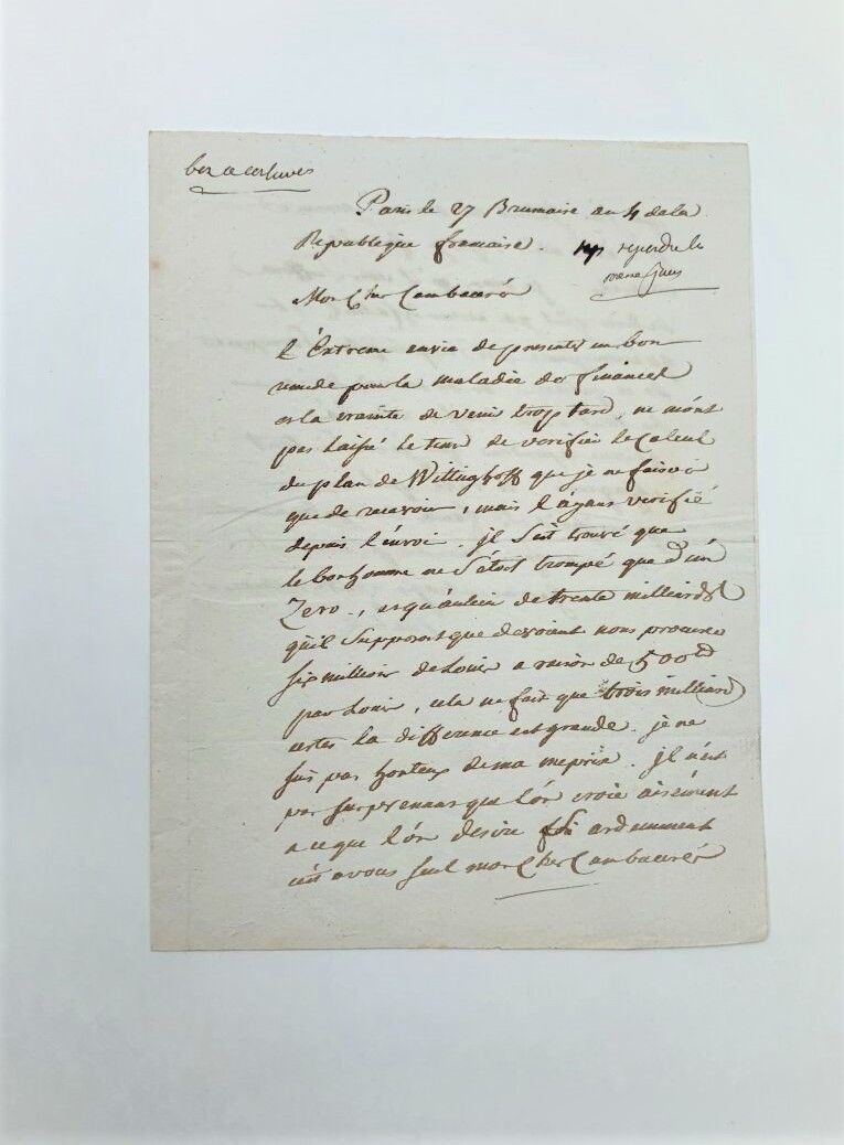 Null 鲁贝尔-让-弗朗索瓦 (1747-1807)
签署给Cambaceres的亲笔信，（左）27 brumaire year 4（1795年11月18日）&hellip;