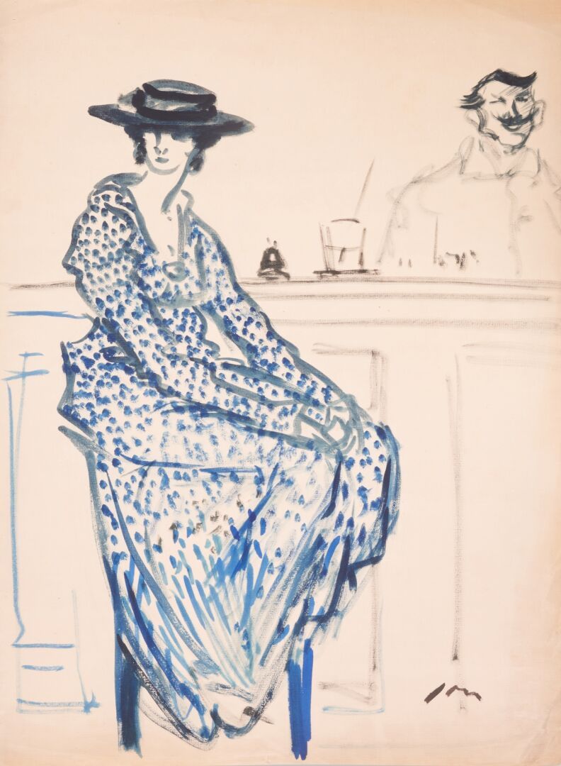 Null Louis JOU.戴着帽子的女人坐在吧台边。 
原画右下方有签名，水彩和印度墨水。 
64 x 48厘米。 
边缘有破损，纸张略微发黄。