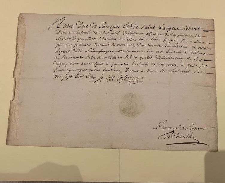 Null 刘尊 安东尼-诺姆帕-德-考蒙，伯爵，然后是公爵（1632-1723）。
签名文件，巴黎，1705年3月29日，1页，长方形对开。红色蜡封破损，纸张损&hellip;