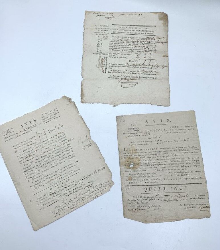 Null 
一套3份部分印刷的文件，夏蒂永和蒙蒂尼亚克（多尔多涅），从21 messidor第3年（1795年7月9日）到20 frimaire第9年（1800&hellip;