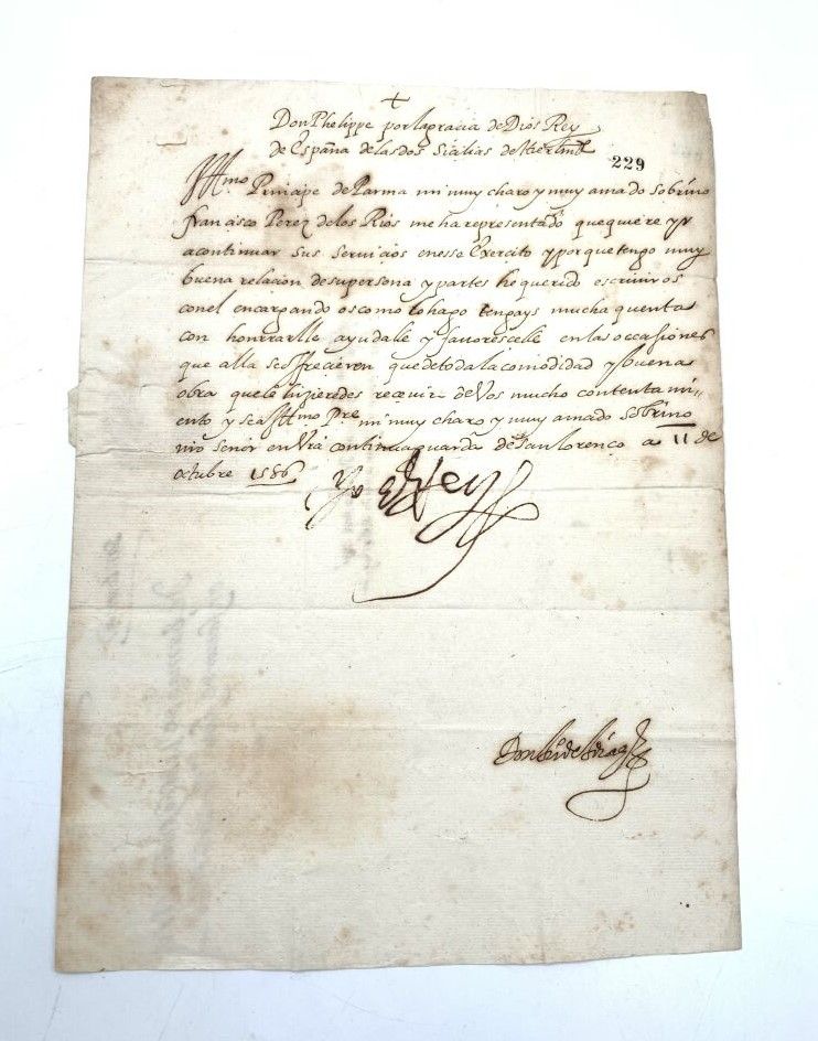 Null 西班牙的菲利普二世(1527-1598)
签名信，致帕尔马王子[亚历山大-法尔内塞]，圣洛伦索，1586年10月11日。1页，对开。地址。译文和传记附&hellip;