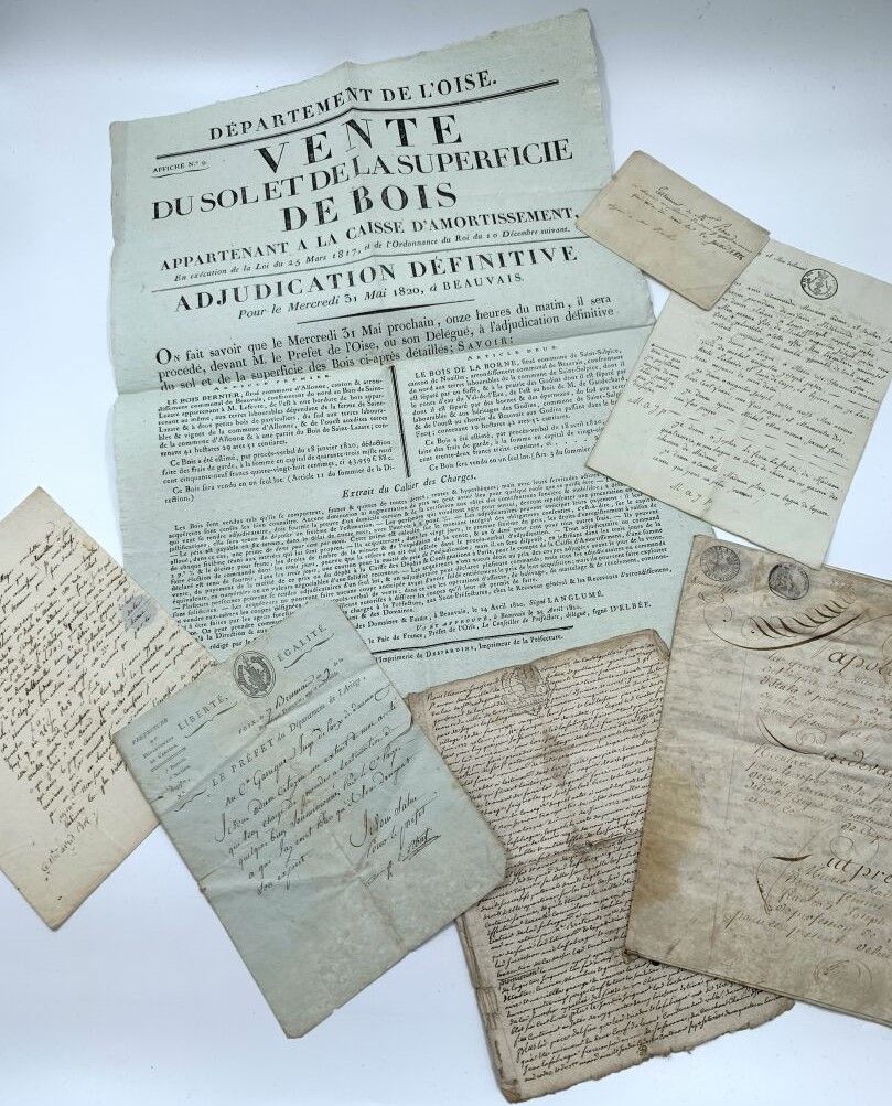 Null 19世纪的档案
一套17份文件，日期从1810年到1851年，纸质，4开和8开。一些地址、邮戳。附上一张 "出售属于沉淀基金的土地和树林面积[]"的海&hellip;