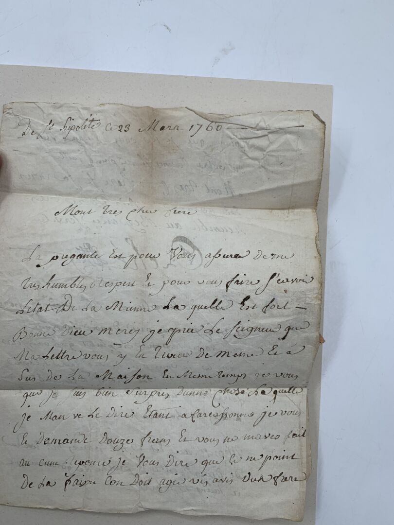 Null 士兵的信
1760年3月23日写给他弟弟的亲笔信，"圣希波利特"，2页，4页。地址，邮戳（破损的蜡封和邮票）。署名为Arché的信件，他在信中介绍了自&hellip;