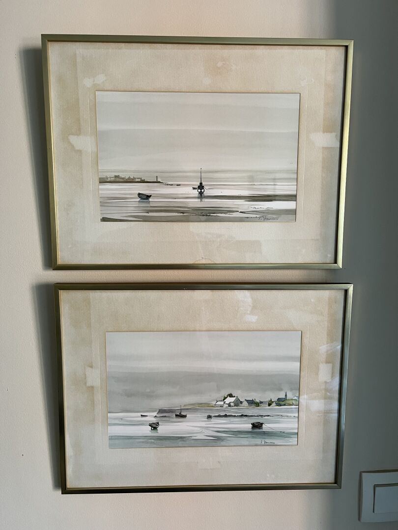 Null Set of 13 framed pieces: 

- Two seaside landscapes signed on the lower rig&hellip;