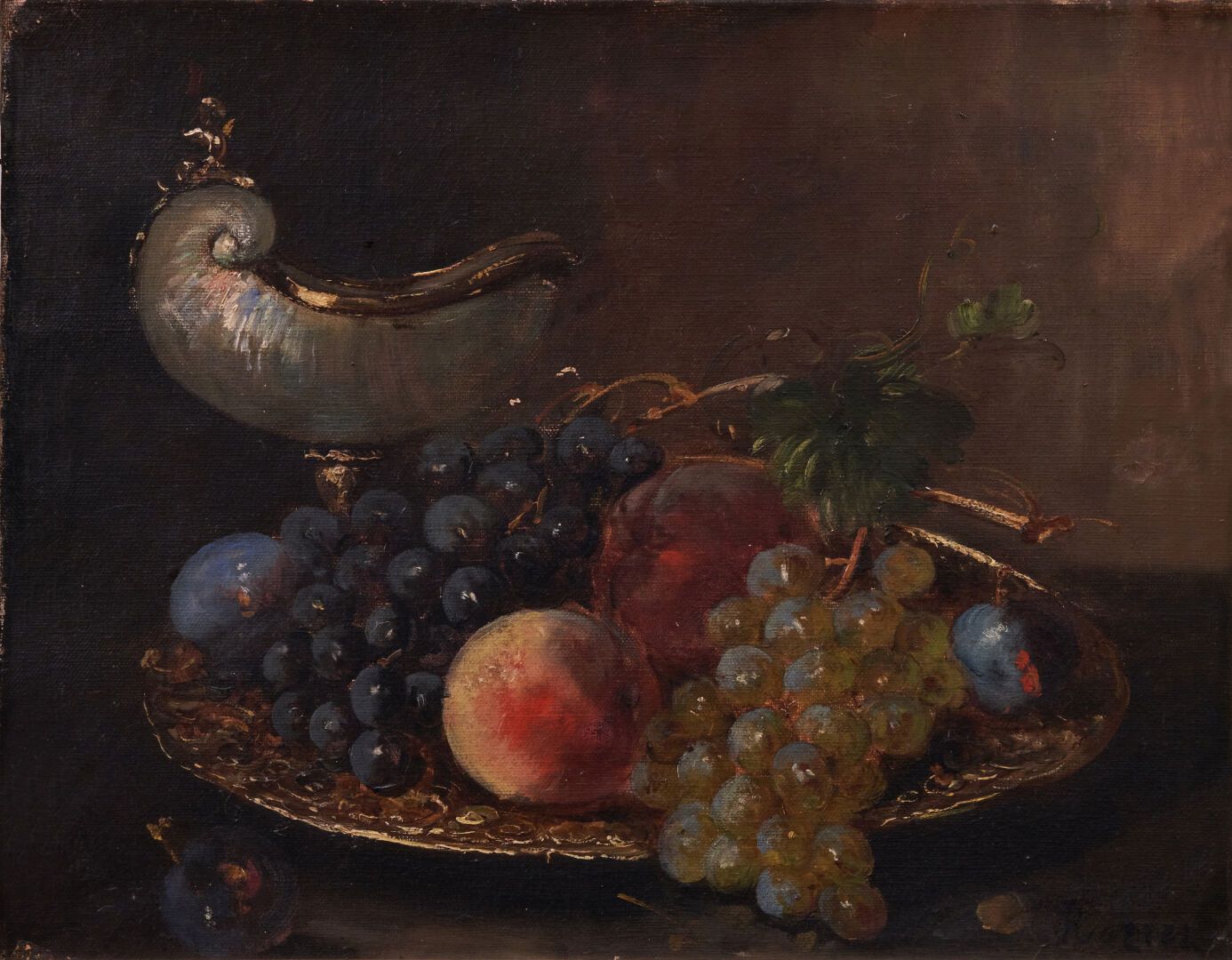 Null 19世纪的学校

水果和鹦鹉螺的静物画

布面油画，右下方有签名。

32 x 40,5 cm