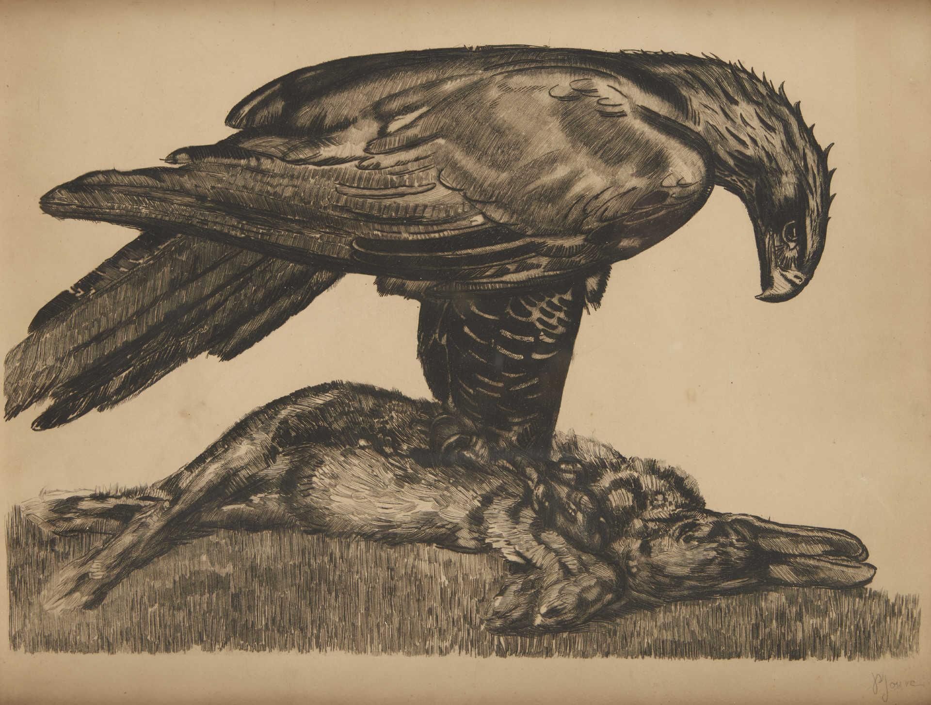 Null D'après Paul JOUVE 

" Aigle enserrant un lièvre ", 1930. Eau-forte sur pap&hellip;
