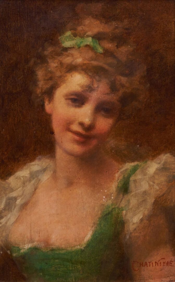 Null 安东尼-玛丽-夏蒂尼埃 (1828-?)

穿着绿色衣服的女人的画像

面板油画，右下角有签名。

26,5 x 16,5 cm