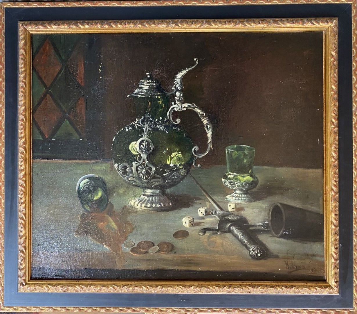 Null 19世纪的法国学校

陶器和匕首的静物画

布面油画，右下方有签名。

54 x 64 厘米