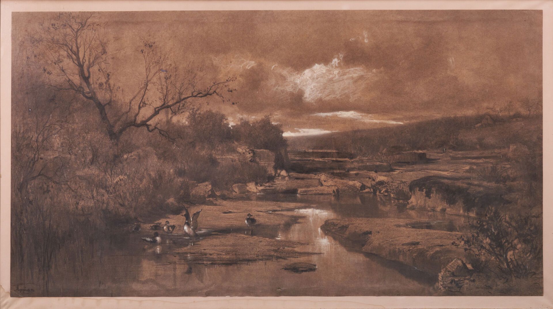Null 19世纪的学校

河岸上的鸭子

纸上水墨和水粉画，左下角签名。

65 x 122 cm