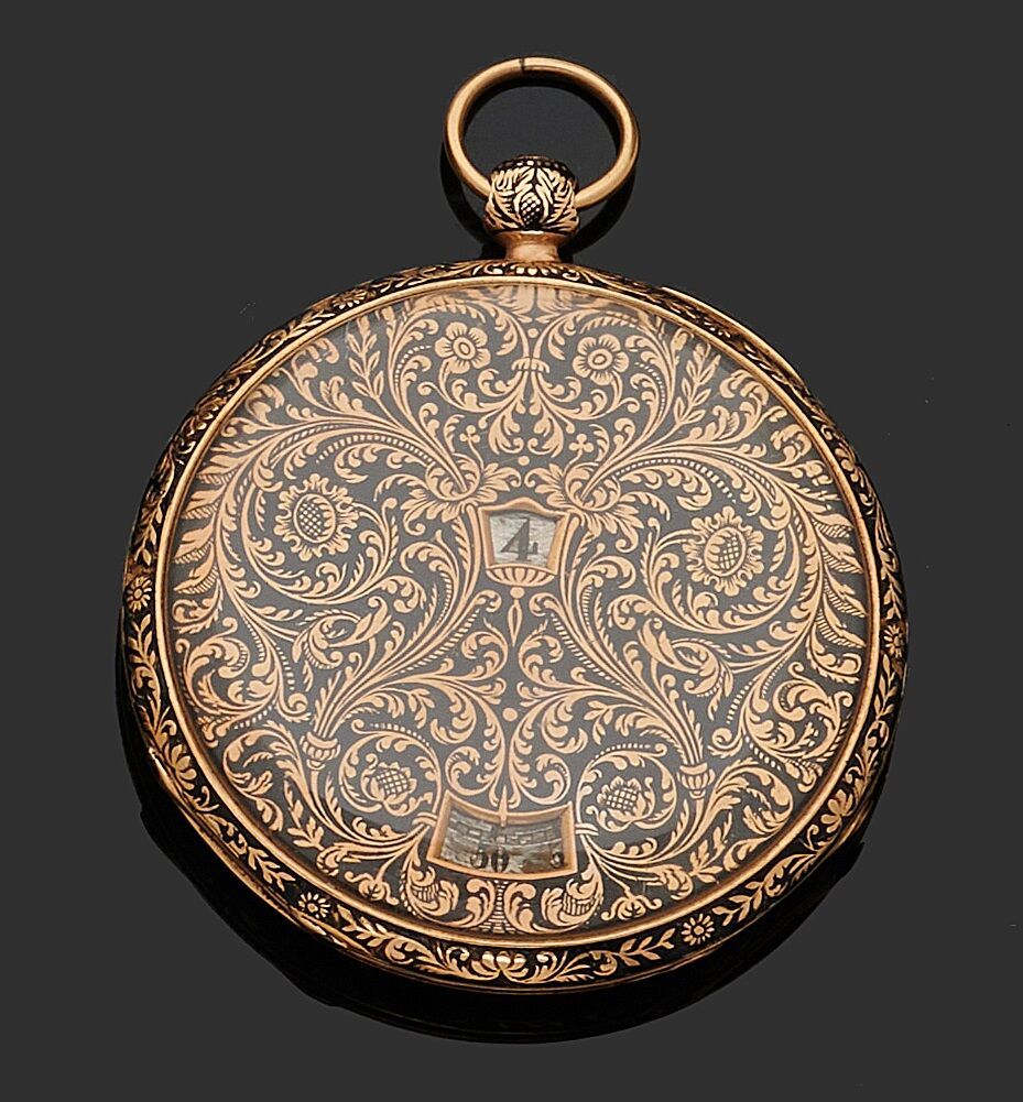 Null Pocket watch in yellow gold 750 thousandth entirely engraved on both sides &hellip;