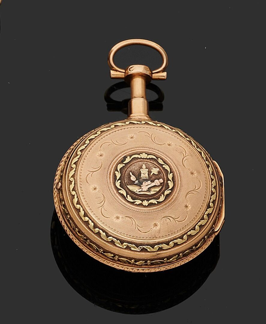 Null Pocket watch in gold 750 thousandths of several tones, the engraved bottom,&hellip;