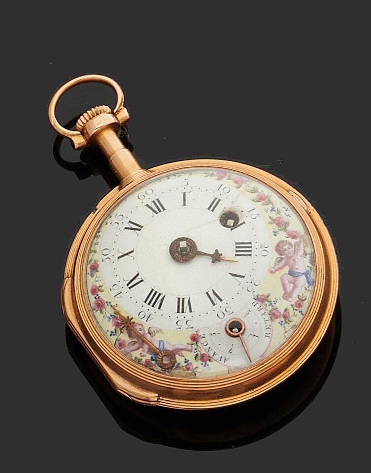 Null POCKET WATCH in yellow gold 750 thousandth, the plain bottom, white enamell&hellip;