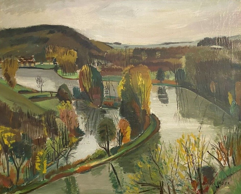 Null 马塞尔-巴斯勒(Marcel BASLER) (1917-1990)
一条河的景色 
布面油画，右下方有签名，日期为42。 
63 x 78 cm 正&hellip;