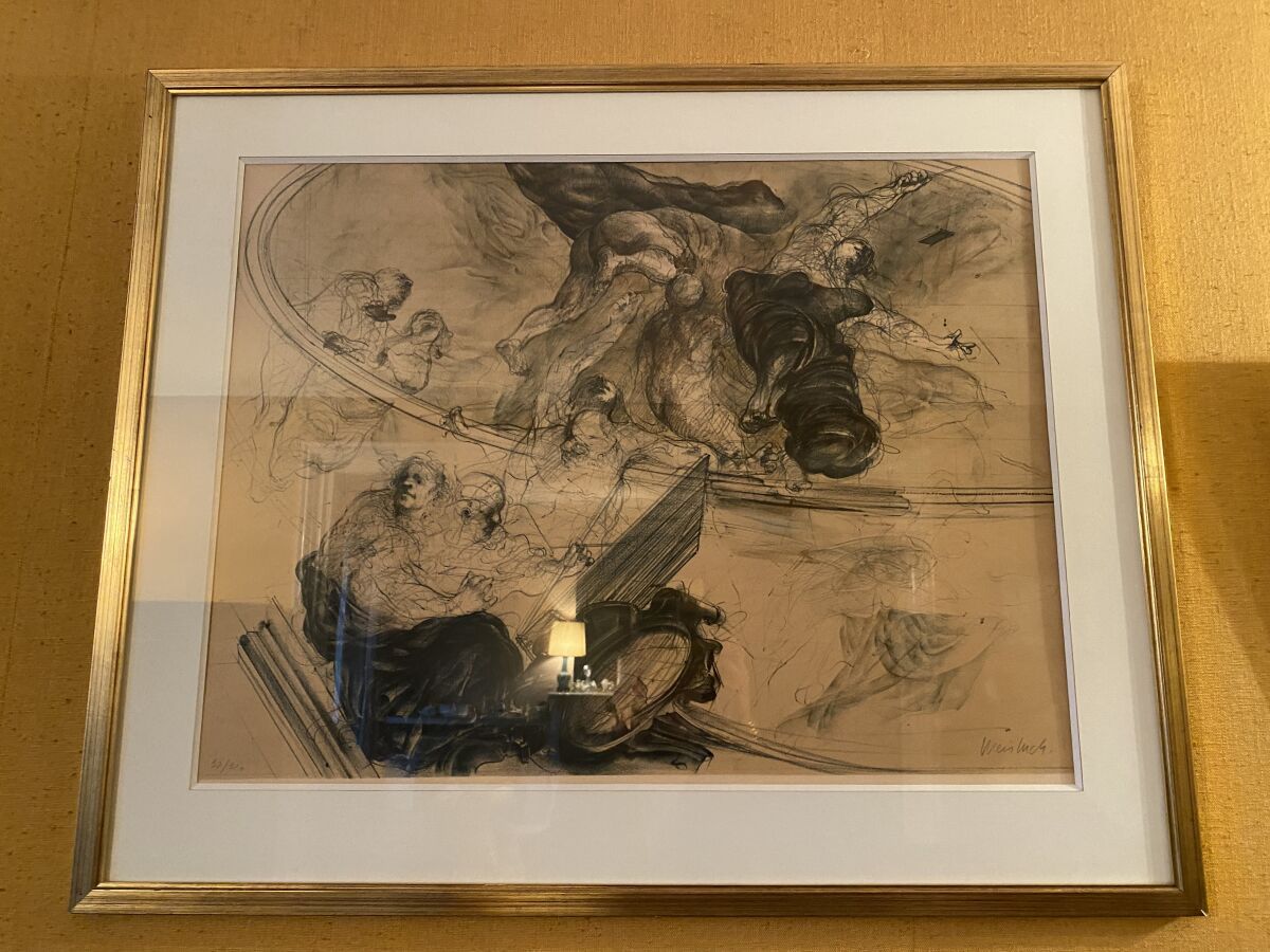 Null 克劳德-魏斯布赫(1927-2014)
向提波洛致敬 
石版画，右下方有铅笔签名，左下方有编号32/320。 
56 x 73 cm 
(发黄的纸张)