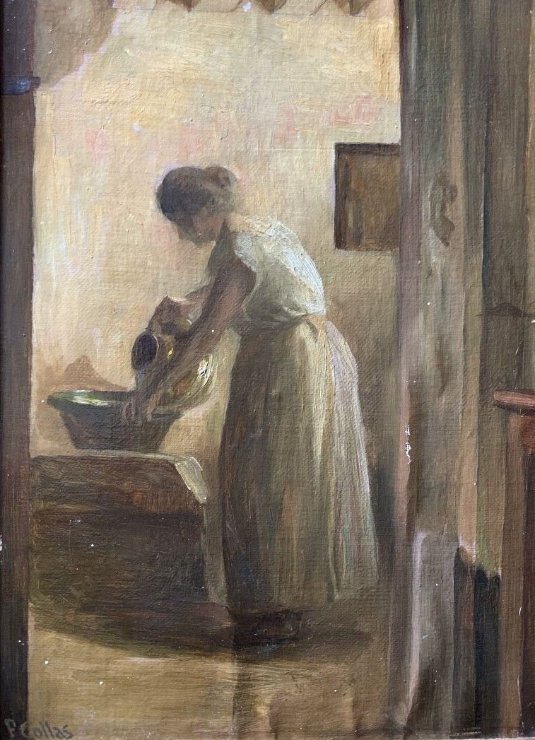Null Paule COLLAS, Joseph BAIL的学生
厕所里的女人
左下角有签名的板上油画 
19世纪
32 x 23 cm