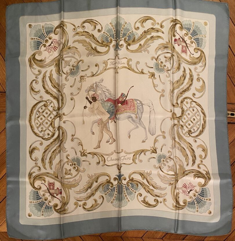 Null HERMES
Silk square titled "Turkish Horse" with cream background, sky blue b&hellip;