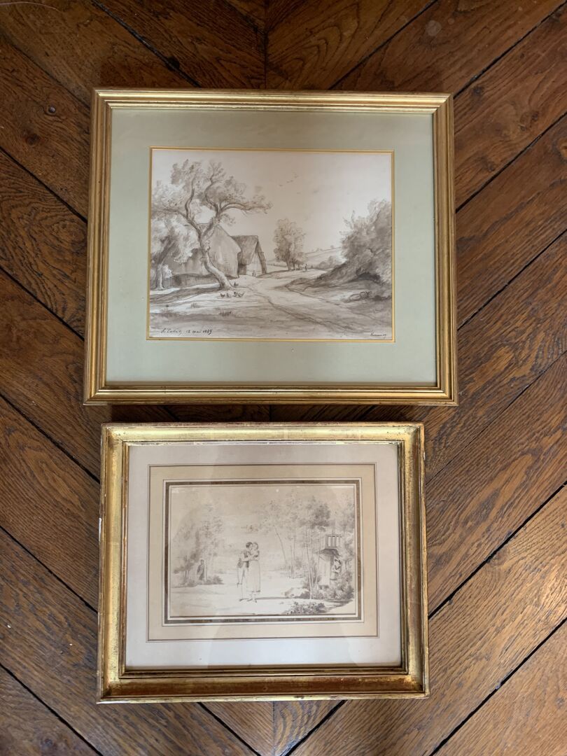 Null 19世纪的学校 
农场的景色
英勇的场景
两张纸上水墨画，一张右下角有签名。 
20.5 x 26厘米和13 x 19厘米 
(发黄的纸张)
