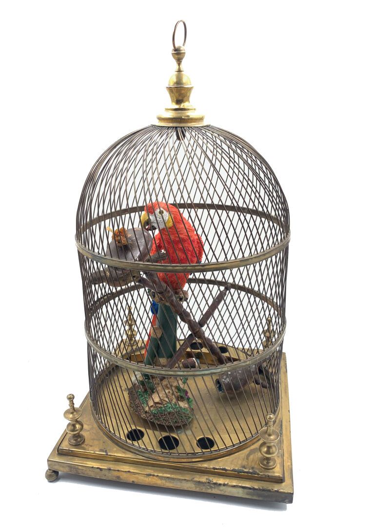 Gilded brass birdcage, decorated with a parrot, and its …