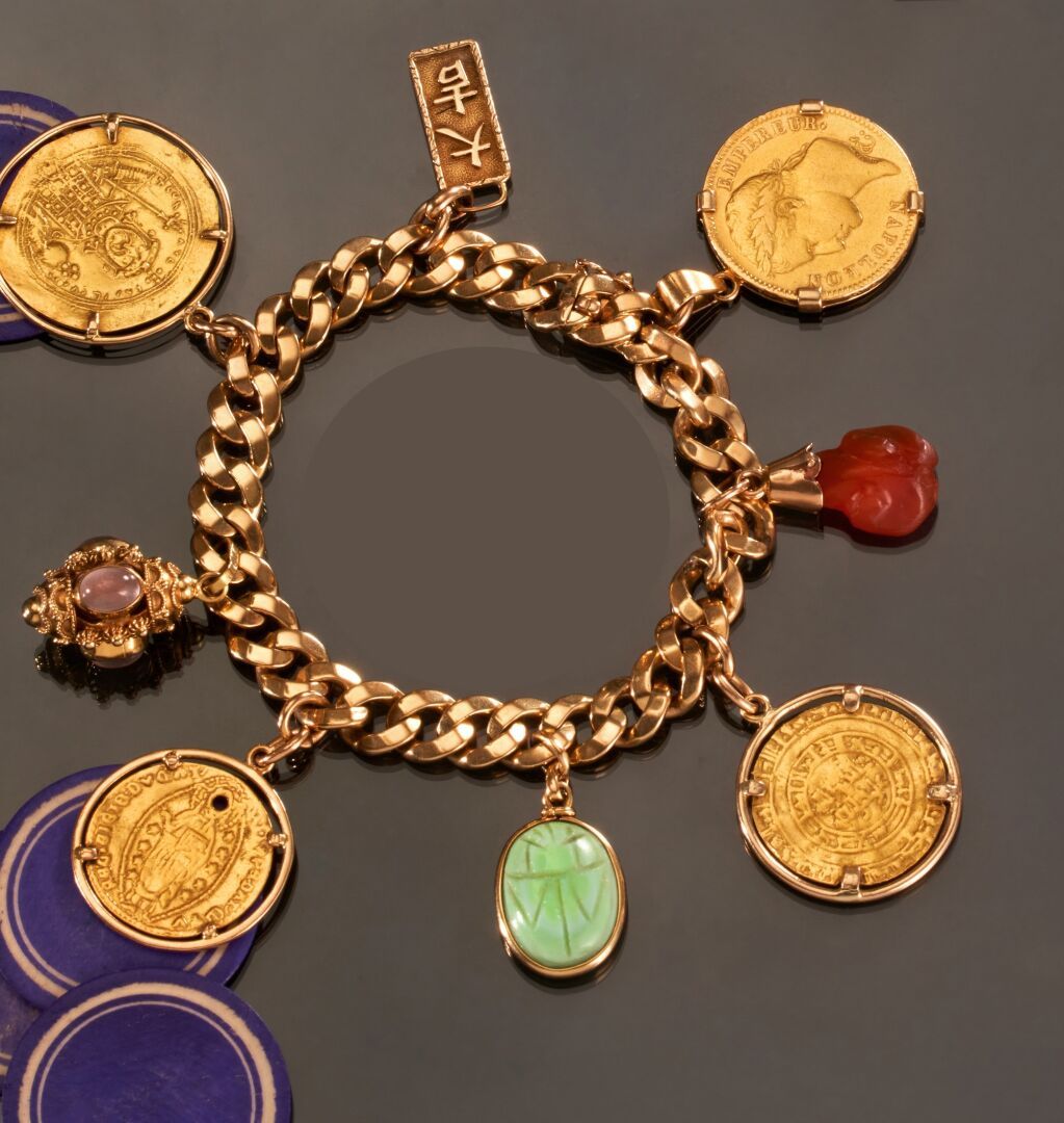 Null 手链由千分之七十五的黄金和千分之五的黄金制成，上面有很多吊坠（其中千分之五的黄金部分重量为6.1克）、装饰石和各种装饰品）。
(佩戴)
长度：19.3&hellip;