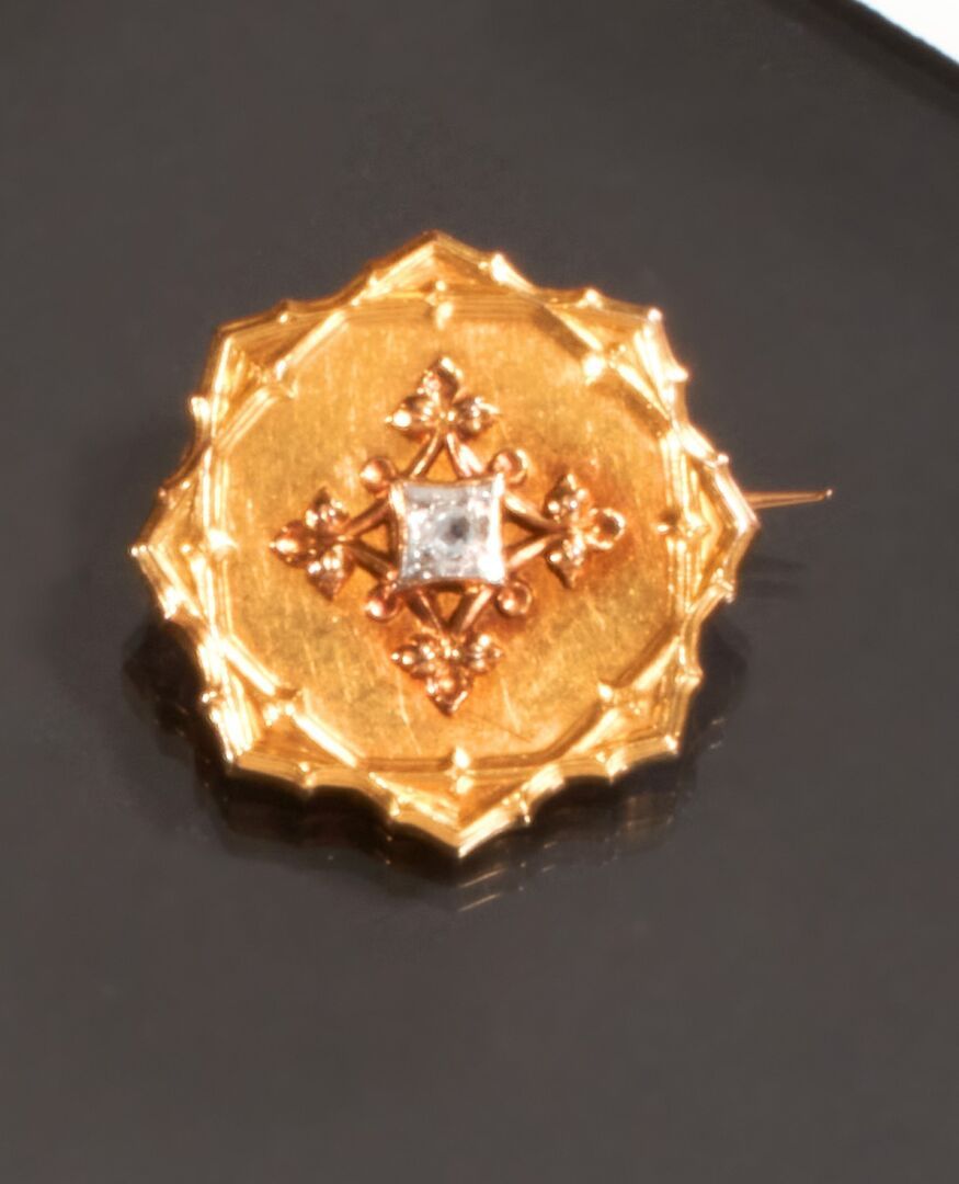 Null 750千分之一的黄金胸针，叶子中心装饰着一颗粉色切割的钻石。
(钻石有轻微缺损)
长度 : 2,6 cm
总重量 : 3,9 克