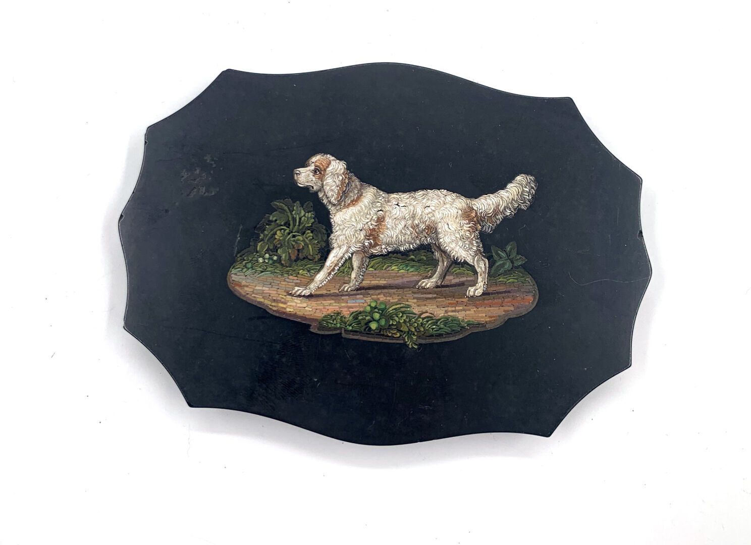 Null Pisapapeles de mármol negro con un micromosaico de un perro.
10,5 x 13,7 cm