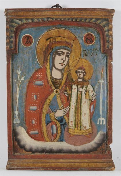 Null ICONE 
Vierge à l'enfant 
Tempera sur bois 
XVIIIe ou XIXe siècle 
32 x 21.&hellip;