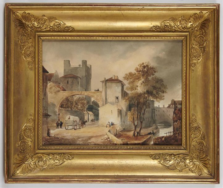 Null ECOLE ITALIENNE du XIXème siècle 
Scène de village animée 
Aquarelle située&hellip;