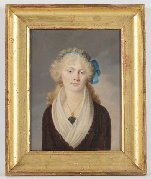 Null ECOLE FRANCAISE du XIXe siècle 
Portrait de femme au ruban bleu 
Huile sur &hellip;