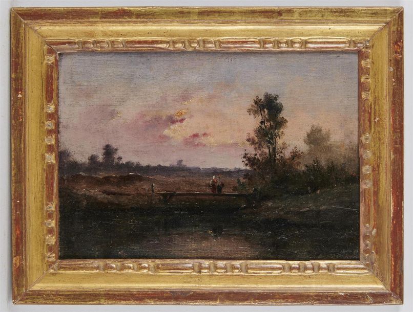 Null ECOLE FRANCAISE du XIXe siècle 
Paysage au coucher de soleil 
Huile sur pan&hellip;