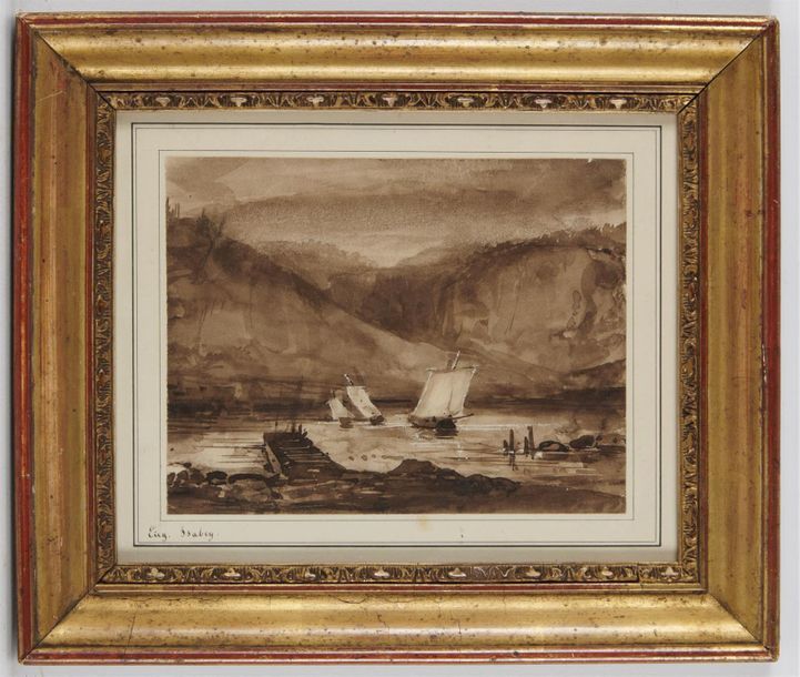 Null Eugène ISABEY (1804-1886) 
Les voiliers 
Lavis et encre sur papier, signé d&hellip;