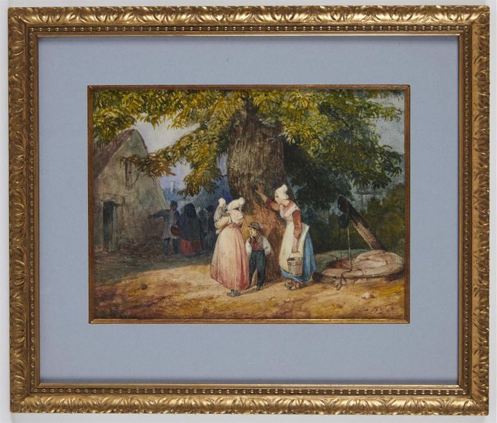 Null Léopold LEPRINCE (1800-1847) 
Villageoises près d'un puits
Aquarelle signée&hellip;