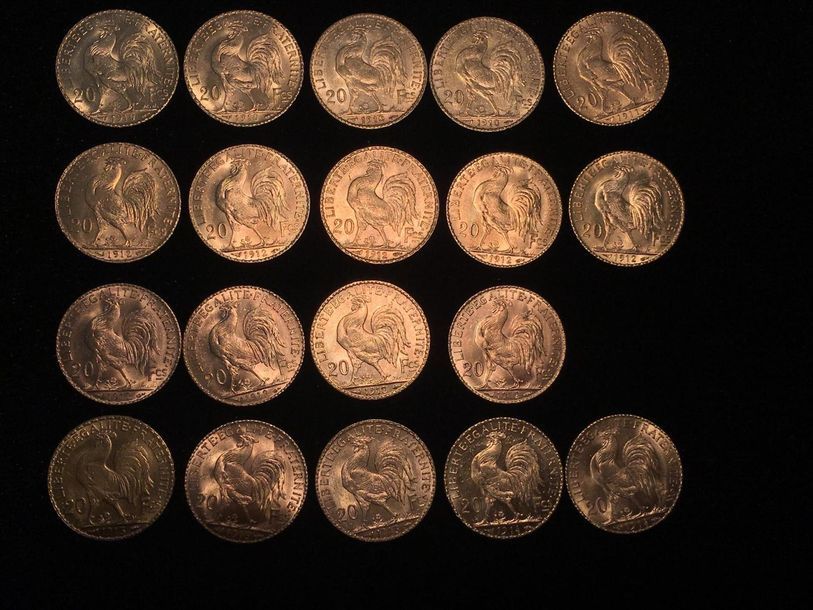 Null FRANCE, Dix-neuf pièces de 20 francs or, comprenant : 
- 4 pièces de 1910.
&hellip;