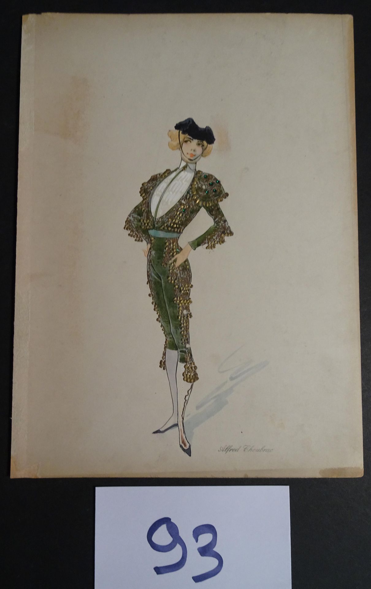CHOUBRAC 丘巴克-阿尔弗雷德（1853-1902）。

"斗牛士" 约1900年。为音乐厅创作的服装。水粉画，印度墨水和珍珠在纸板上，已签名。31 x &hellip;