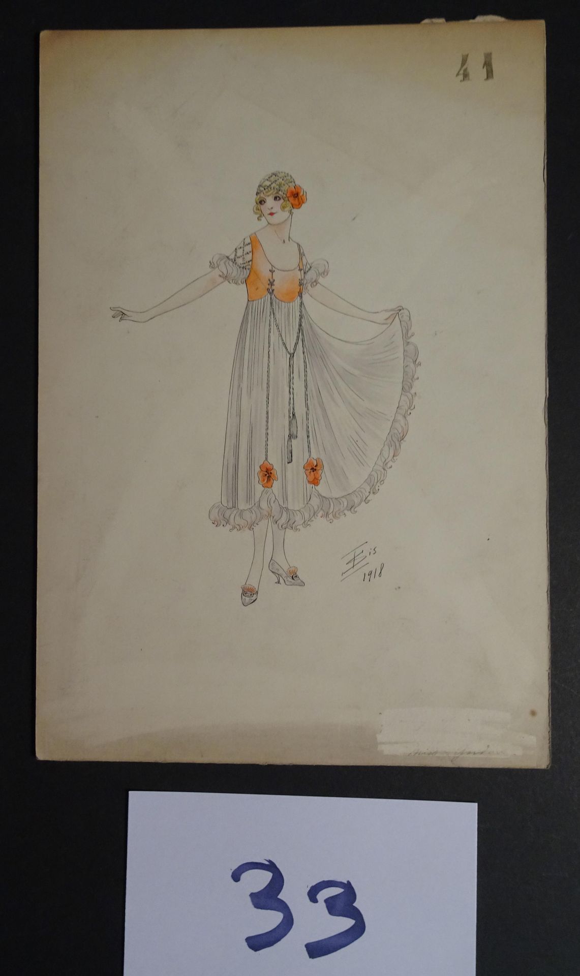SOKOLOFF 索科洛夫-伊戈尔（20世纪初

"带着罂粟花的女人"。钢笔、墨水和水彩画。右下角有图案，日期为1918年。27 x 18厘米。