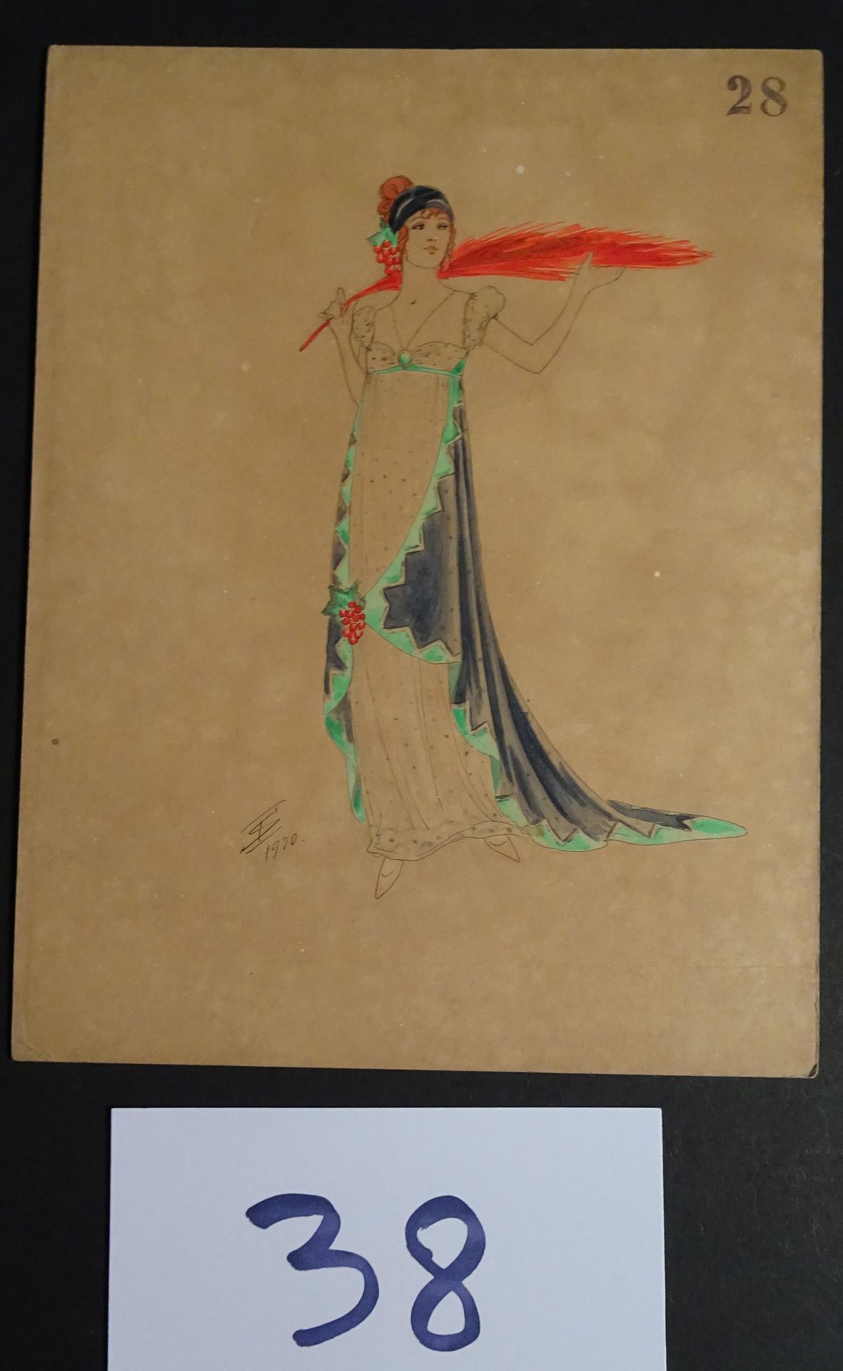 SOKOLOFF 索科洛夫-伊戈尔（20世纪初

"手持红扇的女人"。钢笔、墨水和水彩画。左下角有签名，日期为1920年。