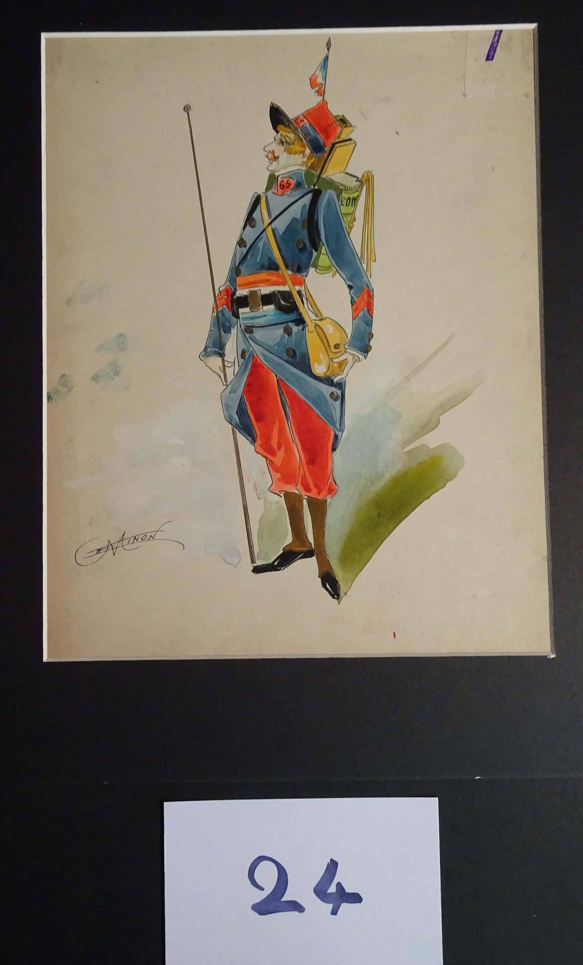 MINON 铭恩公司

"烟草商和步兵"，约1880年为一家杂志撰写。为一家杂志制作2个服装模型。水粉水彩画，背面有签名和标记。32 x 25厘米每幅。(更多的&hellip;