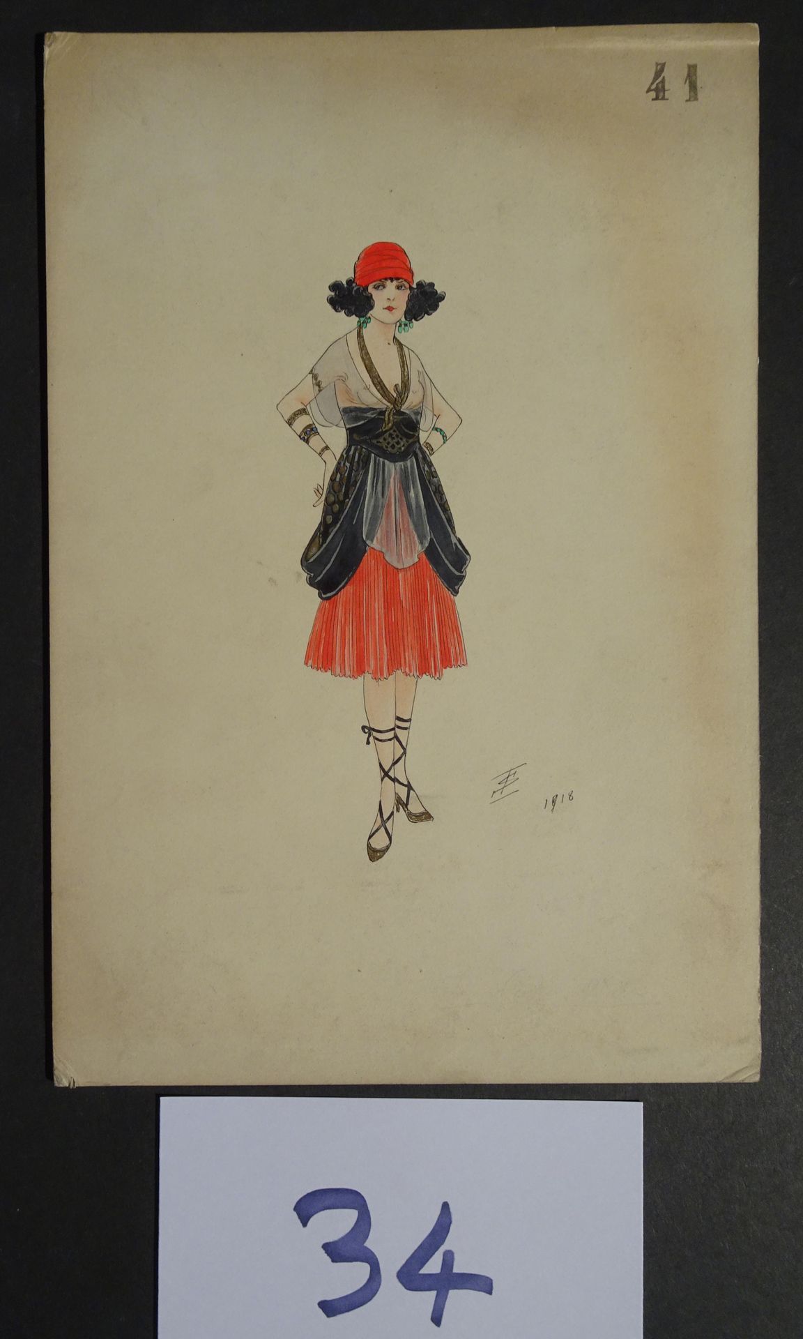 SOKOLOFF 索科洛夫-伊戈尔（20世纪初

"戴红头巾的女人"。钢笔、墨水和水彩画。右下角有图案，日期为1918年。27 x 18厘米。